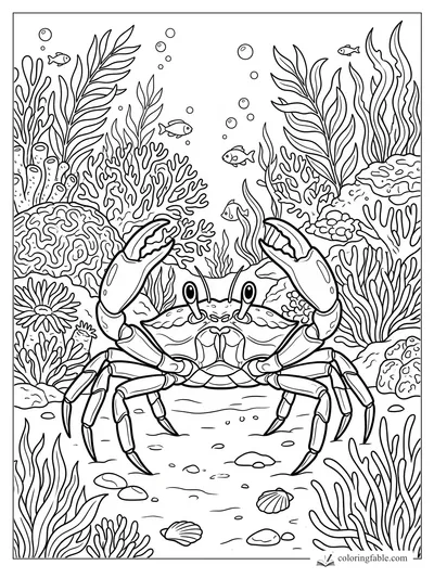 Smiling crab with raised claws among coral, seaweed, fish, bubbles, shells, and rocks in an underwater reef.