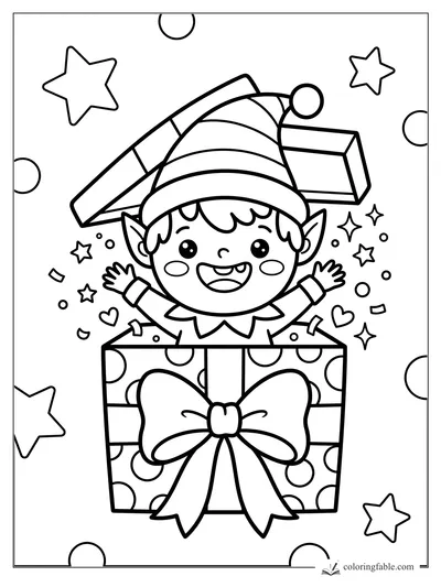 Kawaii elf popping from a polka-dot gift box with bow, stars, hearts, and confetti