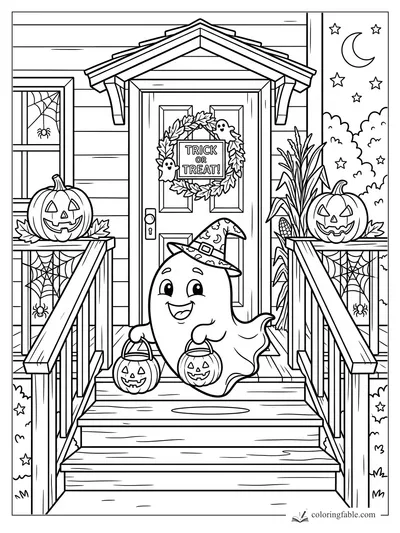 Cartoon ghost in a witch hat holding pumpkin buckets on a Halloween porch with wreath and jack-o'-lanterns