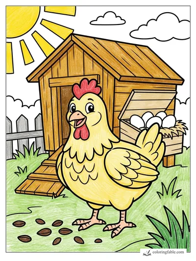 Cheerful Hen by the Coop and Egg Box — colored example