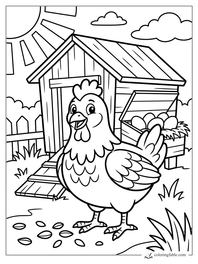 Cartoon hen smiling beside a coop, egg box, fence, sun, clouds, grass, and scattered seeds.