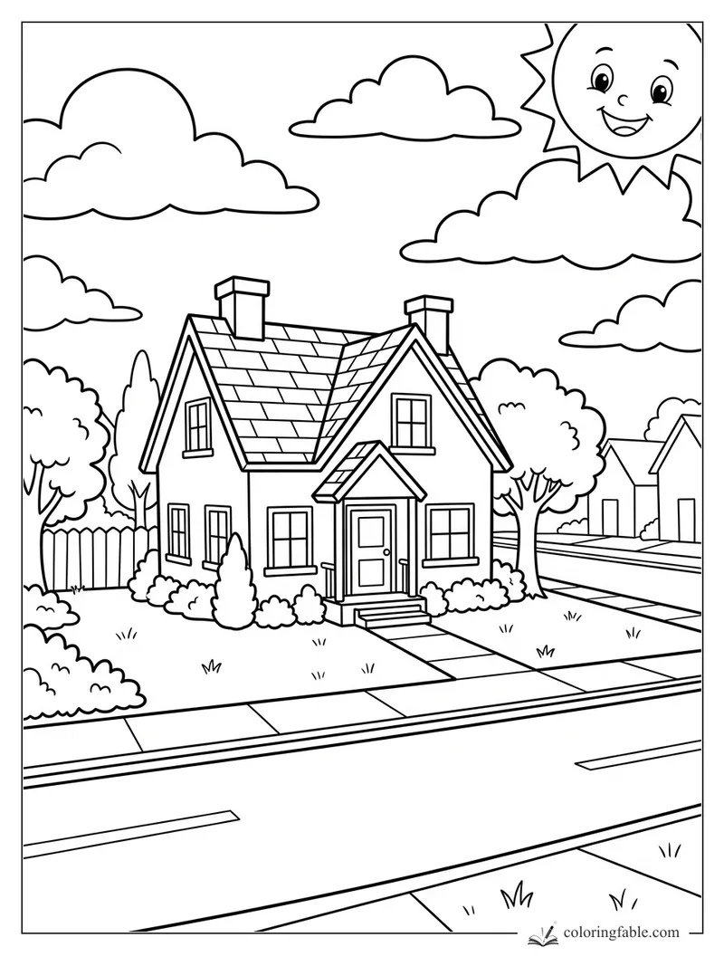 Cartoon house with shingled roof, front path, trees, clouds, and a smiling sun over a neighborhood street.