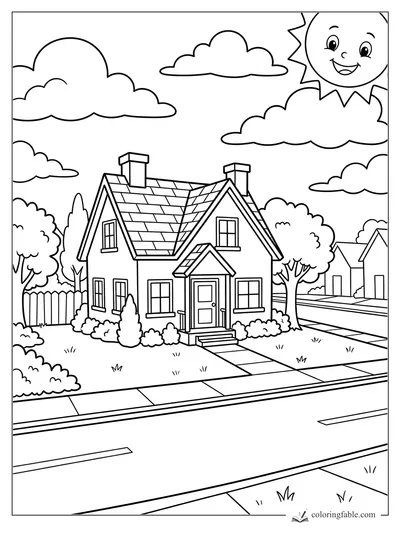 Cartoon house with shingled roof, front path, trees, clouds, and a smiling sun over a neighborhood street.