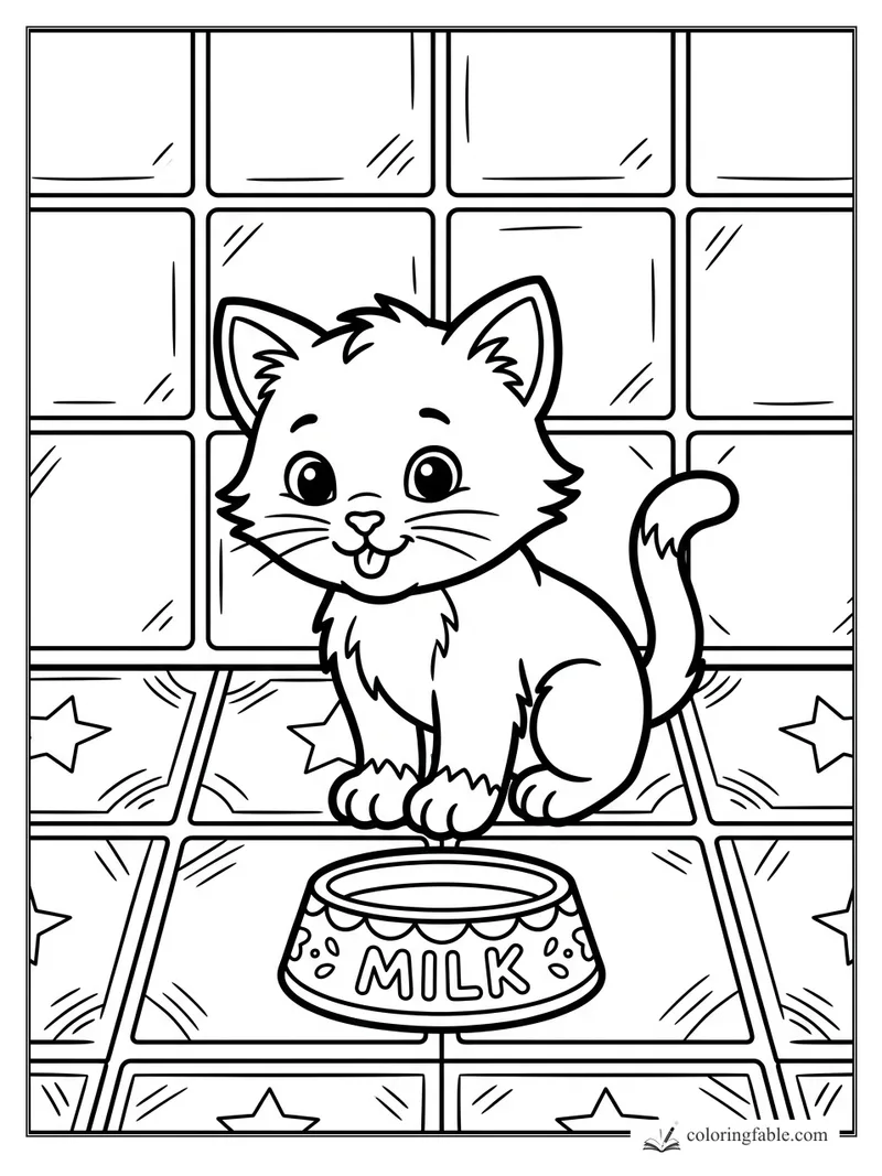 Cartoon kitten smiling beside a bowl labeled MILK on a shiny star-patterned tile floor.