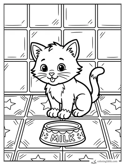 Cartoon kitten smiling beside a bowl labeled MILK on a shiny star-patterned tile floor.