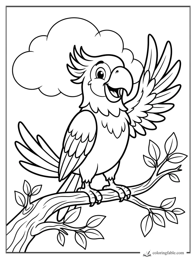 Cartoon parrot waving one wing on a leafy branch with a fluffy cloud behind it