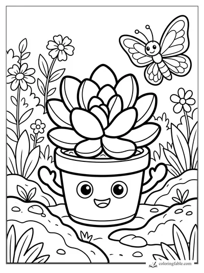Cartoon potted succulent smiling in a garden with daisies, rocks, and a butterfly overhead