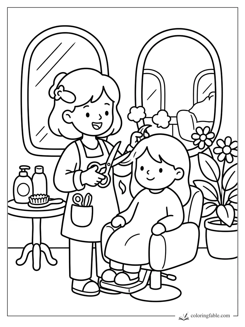 Smiling stylist trims a child’s hair in a salon chair with mirrors, scissors, bottles, and potted flowers.
