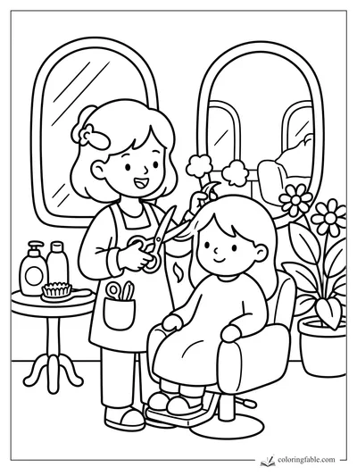 Smiling stylist trims a child’s hair in a salon chair with mirrors, scissors, bottles, and potted flowers.