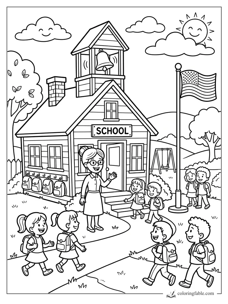Cartoon schoolhouse with smiling teacher, children with backpacks, bell tower, flag, sun, clouds, and swing set.