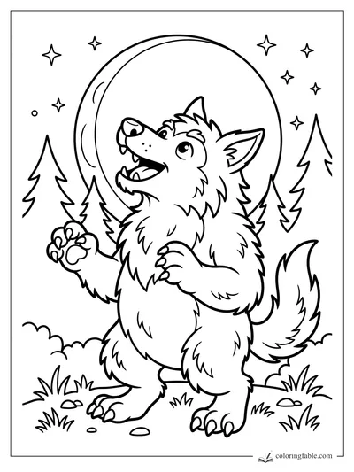Cartoon werewolf smiling under a huge full moon with pine trees, stars, grass, and rocks