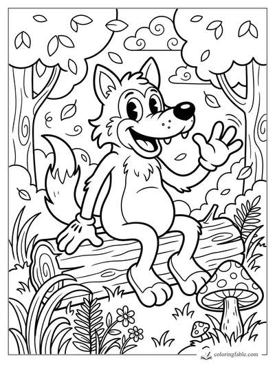 Smiling cartoon wolf waving from a fallen log in a leafy forest with mushrooms and ferns