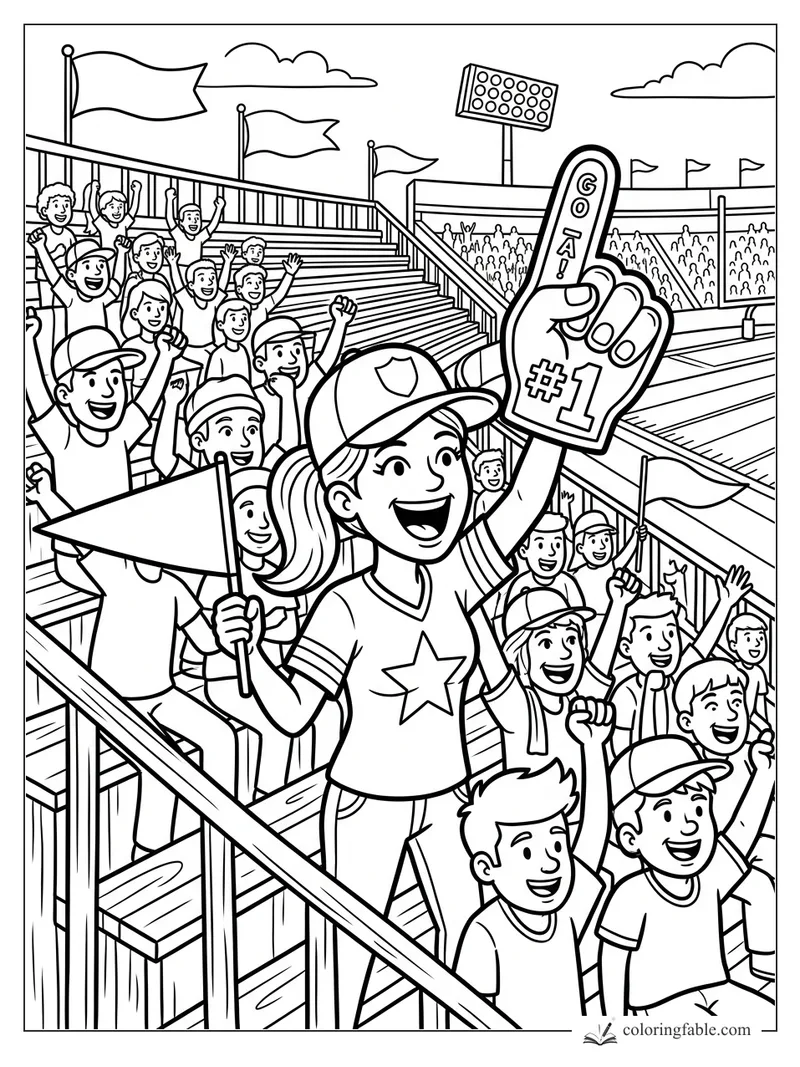 Cartoon football crowd cheering as a girl waves a flag and #1 foam finger in stadium bleachers.