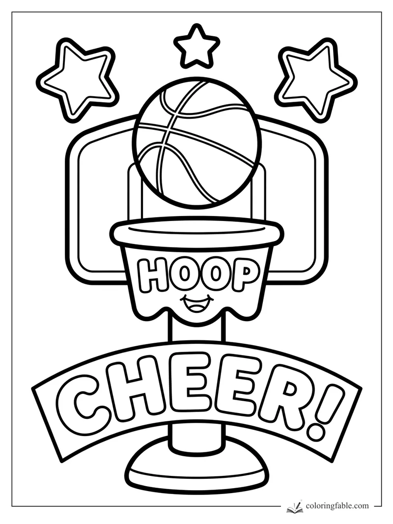 Smiling basketball hoop with a ball, CHEER banner, backboard, and three stars