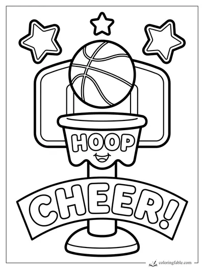 Smiling basketball hoop with a ball, CHEER banner, backboard, and three stars