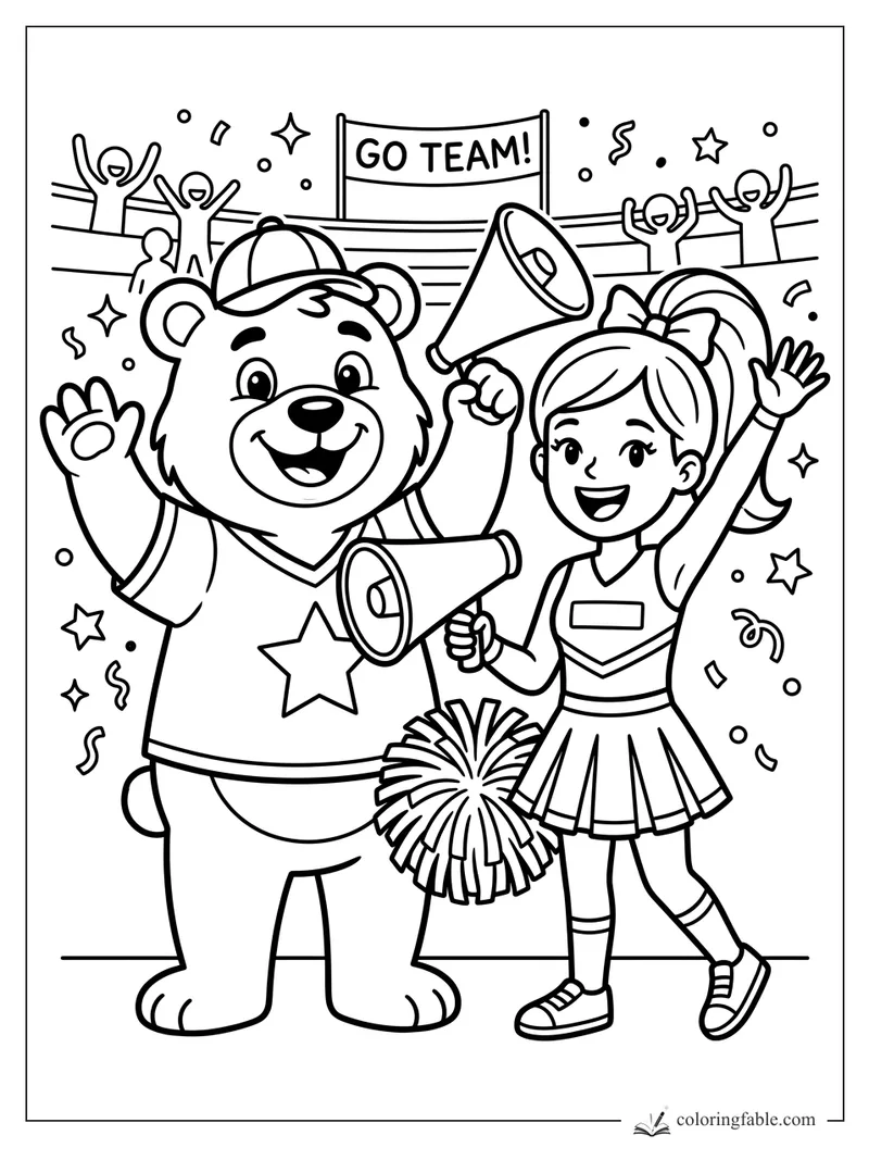 Cartoon cheerleader and bear mascot waving megaphones under a Go Team banner with cheering crowd