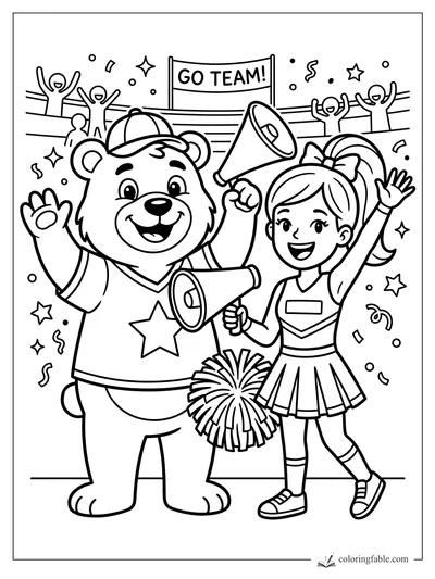 Cartoon cheerleader and bear mascot waving megaphones under a Go Team banner with cheering crowd