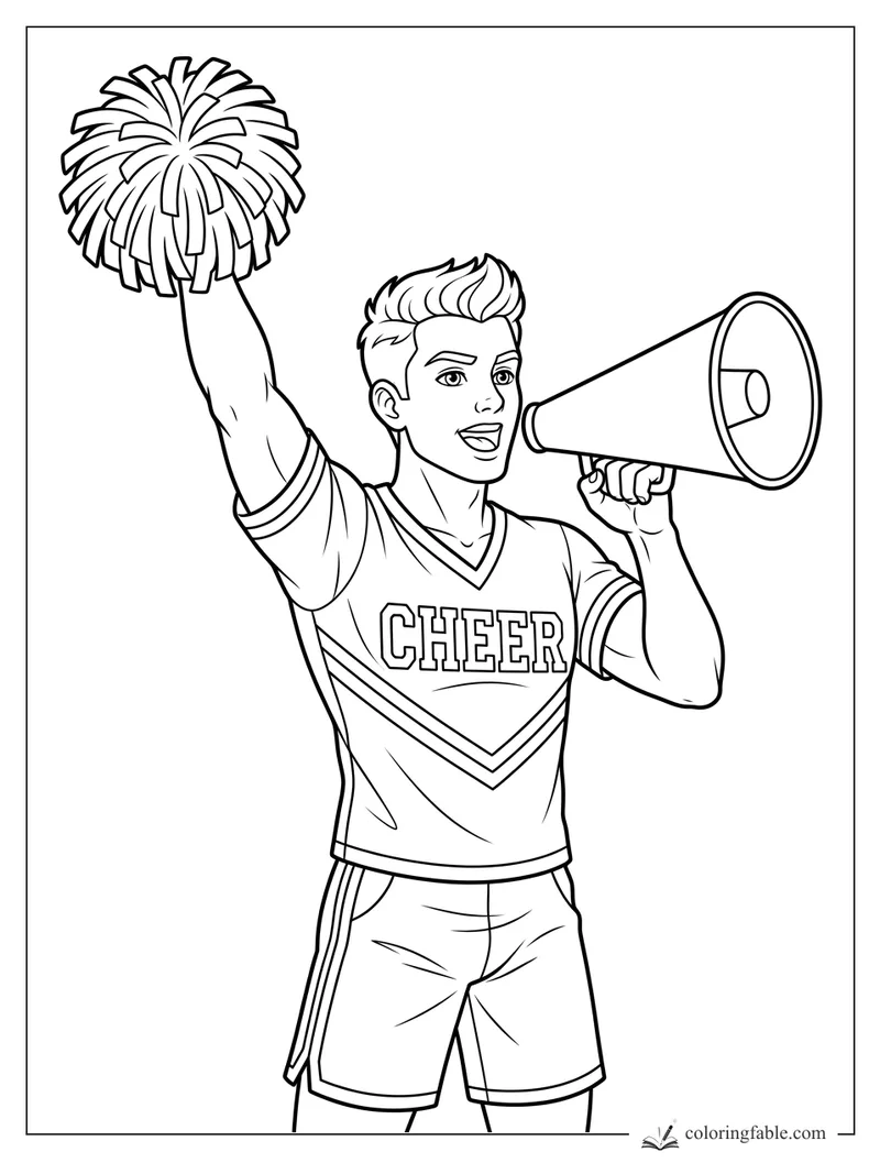 Cheerleader raises a pom-pom and speaks into a megaphone, wearing a CHEER uniform and shorts.