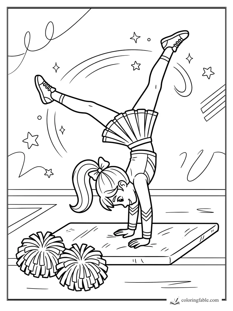 Cartoon cheerleader doing a handstand on a mat with pom-poms, stars, streamers, and motion arcs