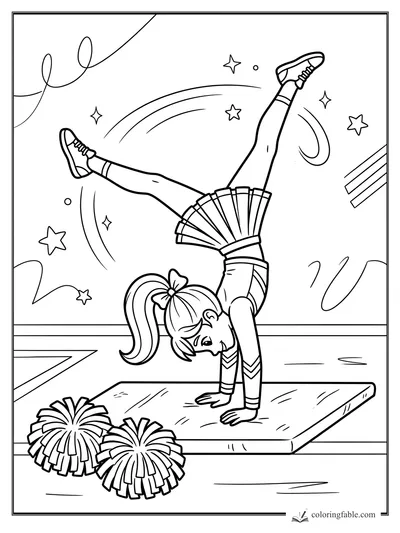 Cartoon cheerleader doing a handstand on a mat with pom-poms, stars, streamers, and motion arcs