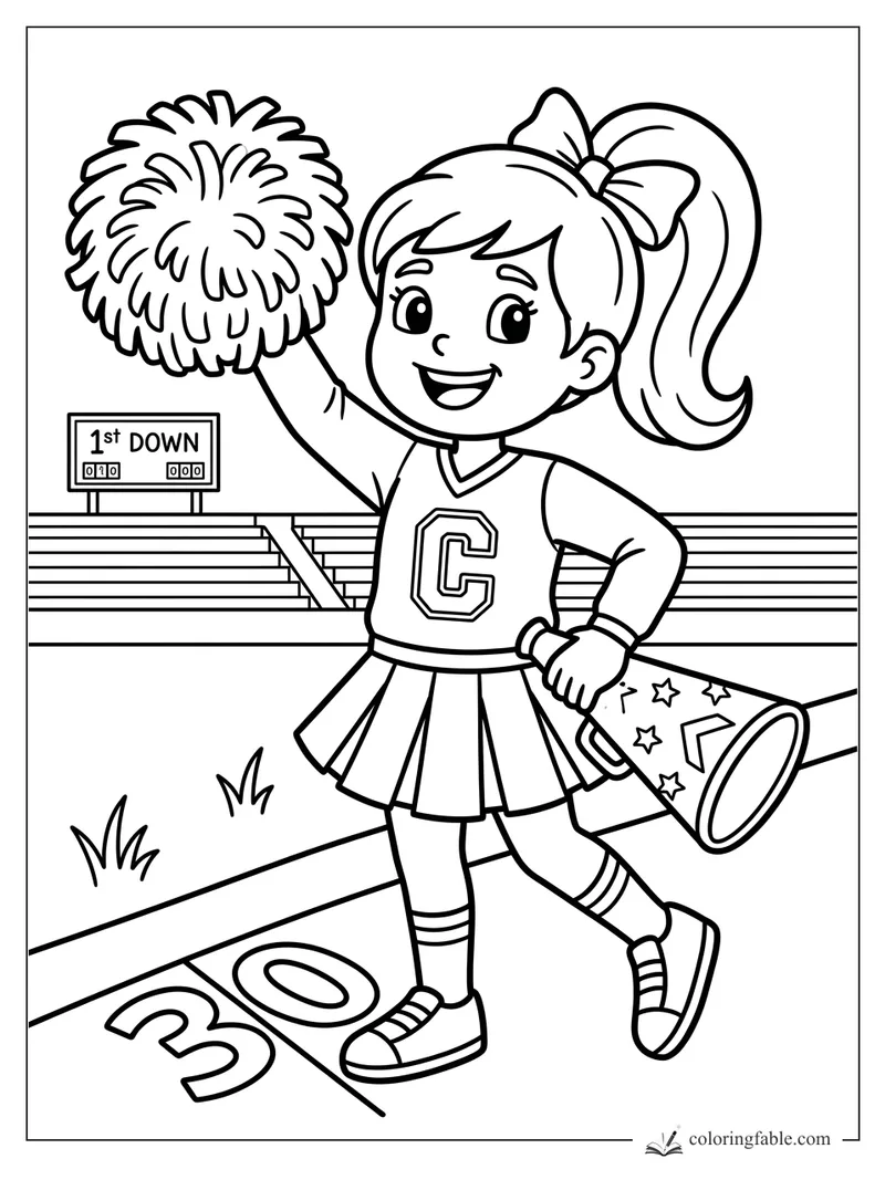 Cartoon cheerleader with pom-pom and megaphone by the 30-yard line and 1st down scoreboard