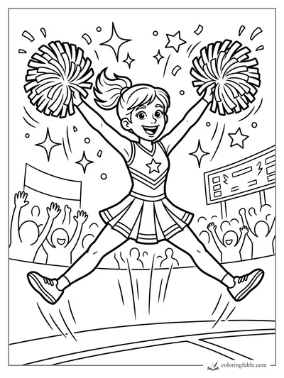 Cartoon cheerleader doing a star jump with pom-poms, crowd, banner, scoreboard, and sparkles.