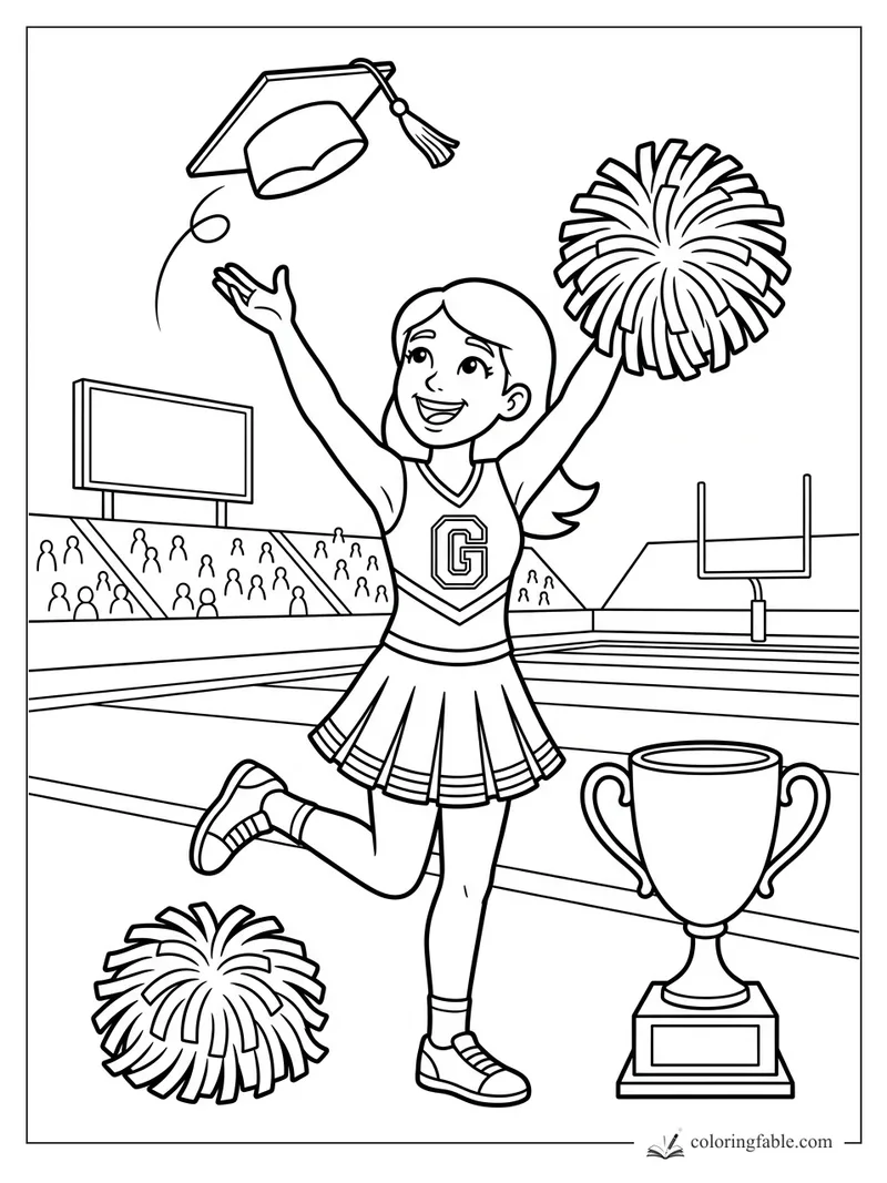 Cheerleader on football field tossing a graduation cap with pom-poms and trophy