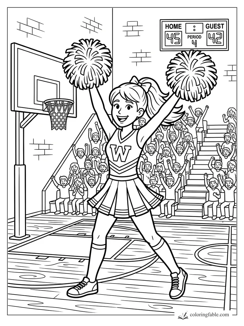 Cartoon cheerleader with pom-poms on a basketball court, crowd cheering and scoreboard 45 to 42.