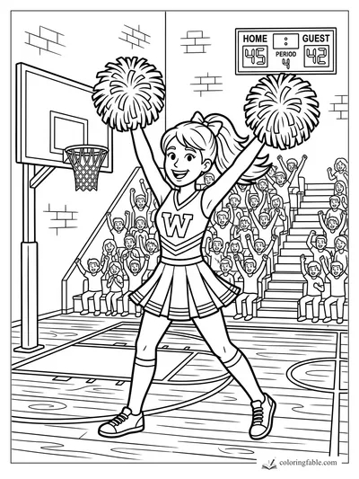 Cartoon cheerleader with pom-poms on a basketball court, crowd cheering and scoreboard 45 to 42.