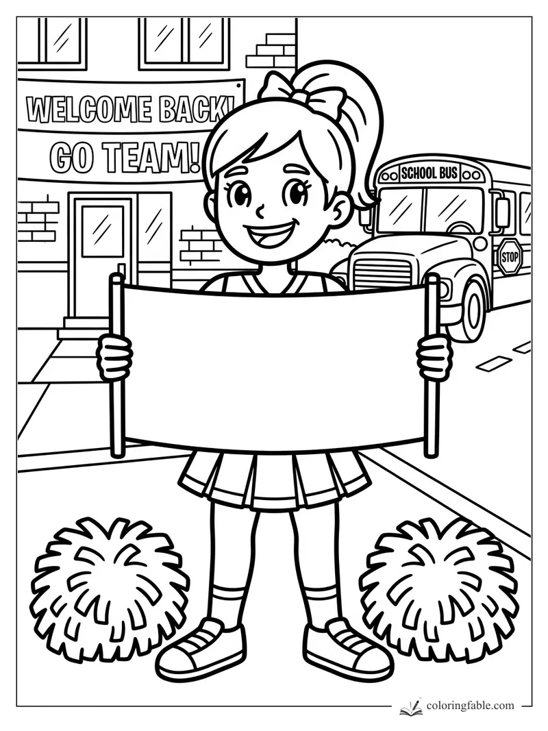 Smiling cheerleader holding a blank sign by pom-poms, school banner, and bus outside school.