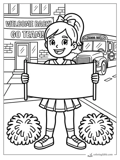Smiling cheerleader holding a blank sign by pom-poms, school banner, and bus outside school.
