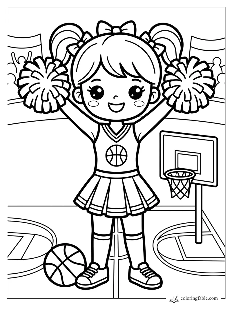 Kawaii cheerleader holding pom-poms on a basketball court with hoop and ball