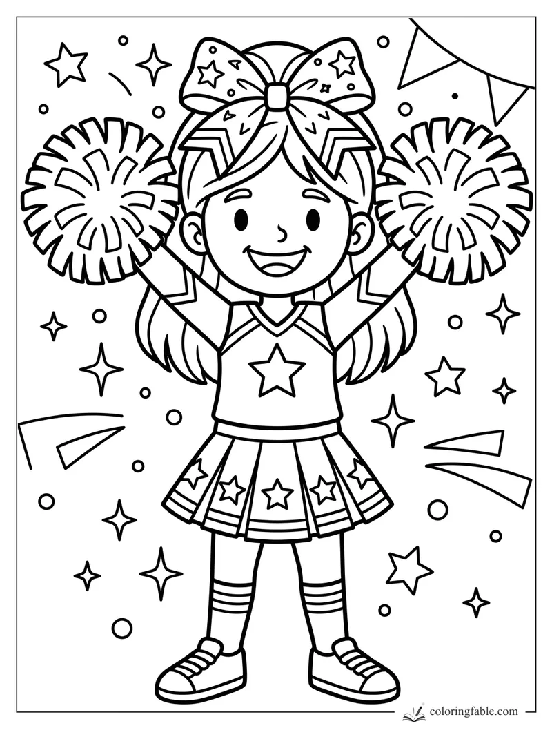 Cartoon cheerleader holding pom-poms, with a giant star bow, pennants, sparkles, and starry skirt.