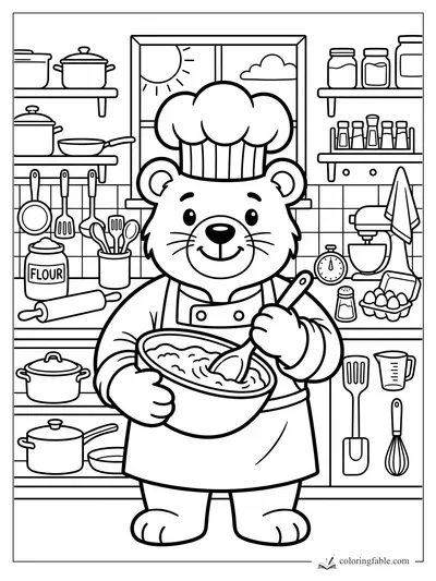 Cartoon chef bear stirring batter in a bowl, with flour, eggs, utensils, pots, jars, and a sunny kitchen window.