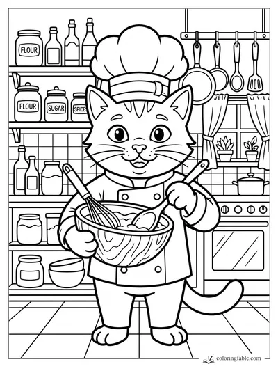 Chef cat in a tall hat mixing batter with a whisk and spoon in a pantry kitchen