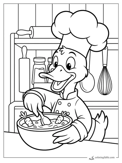 Cartoon chef duck stirring carrot soup in a kitchen with jars, rolling pin, and whisk