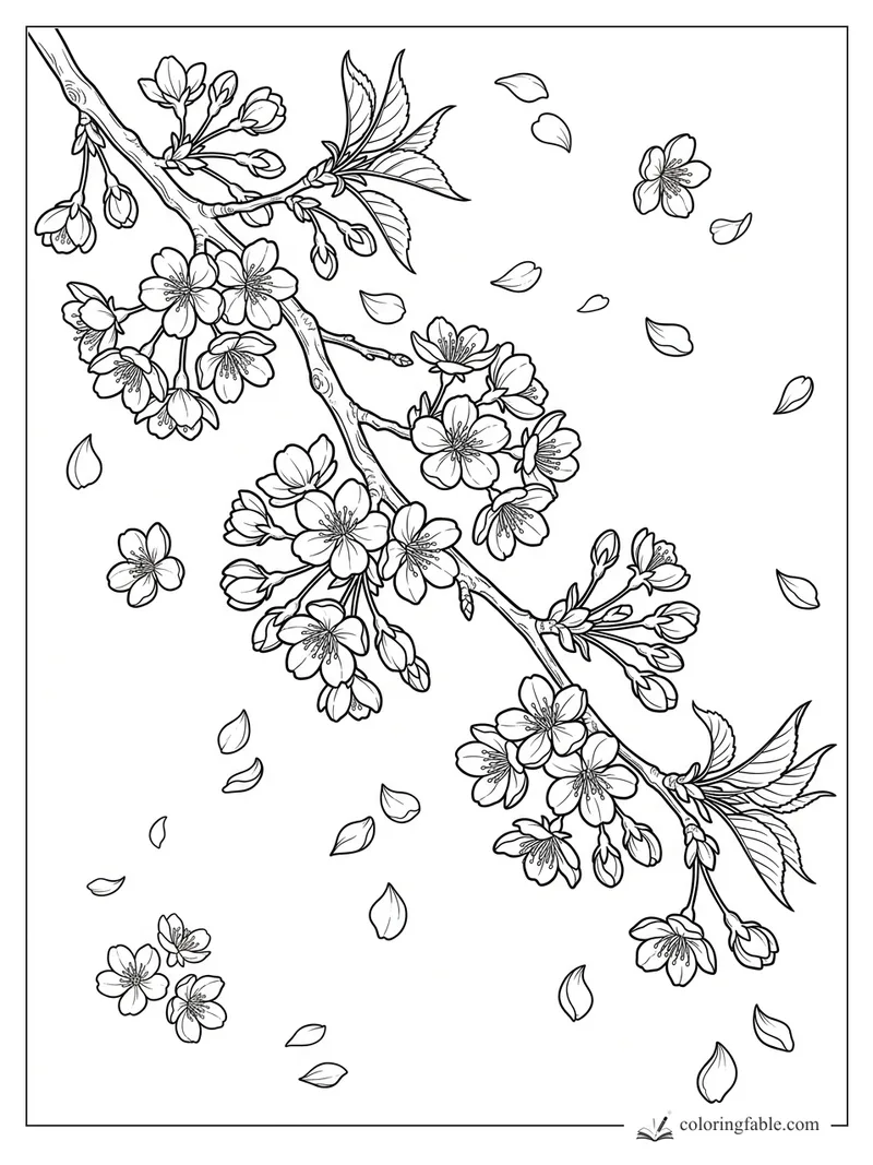 Aesthetic cherry blossom branch with open flowers, buds, leaves, and drifting petals