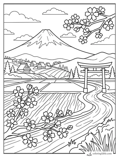 Cherry blossoms, Mount Fuji, farm fields, village houses, and a torii gate in a Japanese countryside scene.