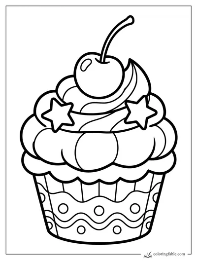 Easy coloring page of a cupcake with swirled frosting, a cherry, two stars, and a patterned wrapper.