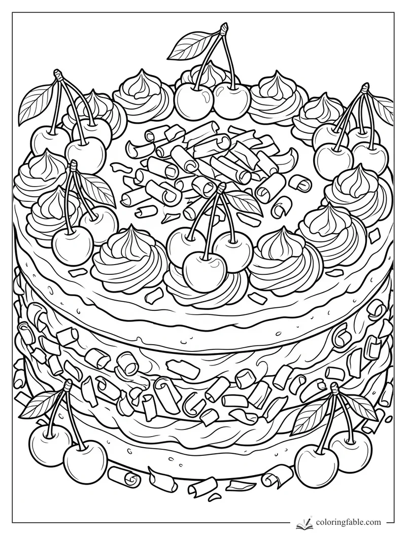 Realistic cherry cake coloring page with whipped rosettes, chocolate curls, leaves, and layered frosting