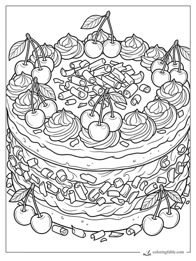 Realistic cherry cake coloring page with whipped rosettes, chocolate curls, leaves, and layered frosting