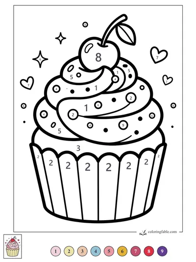 Cherry-Topped Cupcake with Hearts and Sparkles — color by number