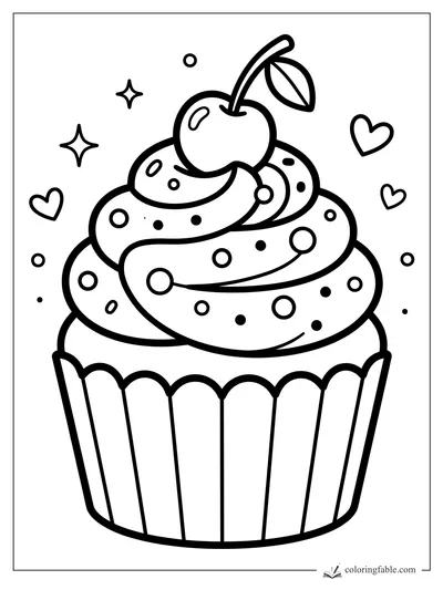 Cartoon cupcake with swirled frosting, cherry, leaf, sprinkles, hearts, and sparkles to color