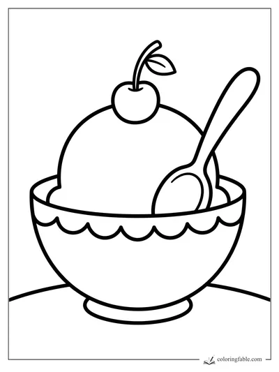 Bold easy coloring page of an ice cream scoop in a bowl with a spoon and cherry on top