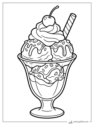 Cartoon ice cream sundae with whipped cream, cherry, striped wafer, sprinkles, and syrup in a glass dish