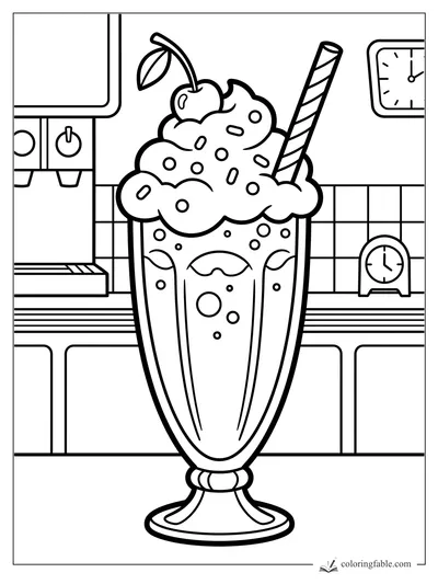 Tall diner milkshake with whipped cream, cherry, striped wafer straw, sprinkles, clocks, and soda machine