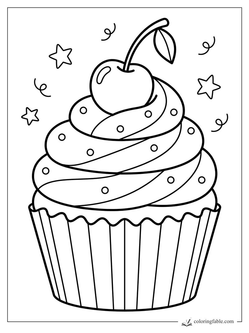 Cupcake coloring page with tall swirled frosting, sprinkles, a cherry, leaf, stars, and curly confetti