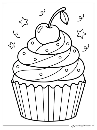 Cupcake coloring page with tall swirled frosting, sprinkles, a cherry, leaf, stars, and curly confetti