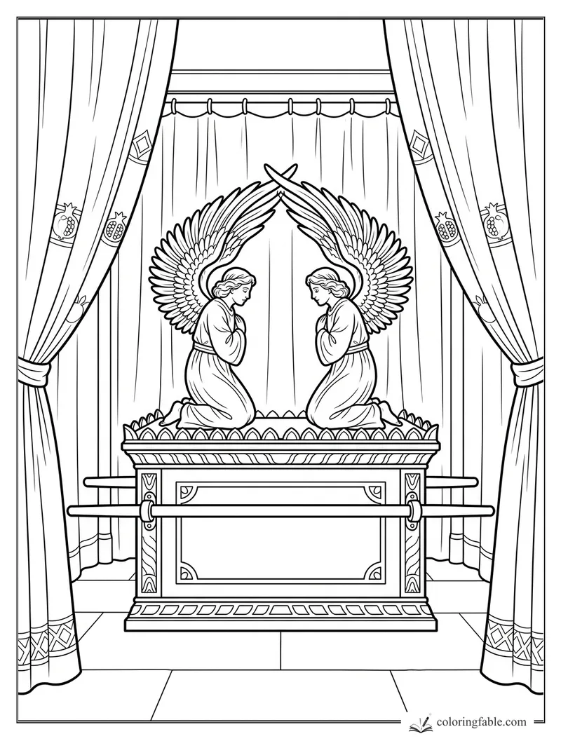 Ark of the Covenant with two kneeling cherubim, tall curtains, pomegranate details, and carved poles