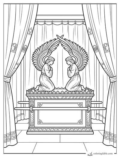 Ark of the Covenant with two kneeling cherubim, tall curtains, pomegranate details, and carved poles